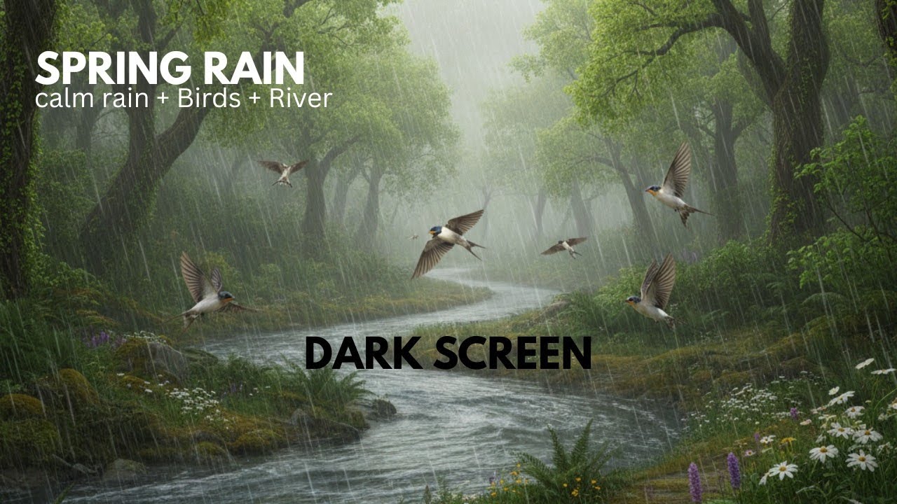 Spring Jungle Rain with Birds & River Sounds 🌿 Relaxing Nature Ambience, Sleep & Focus, Dark screen 