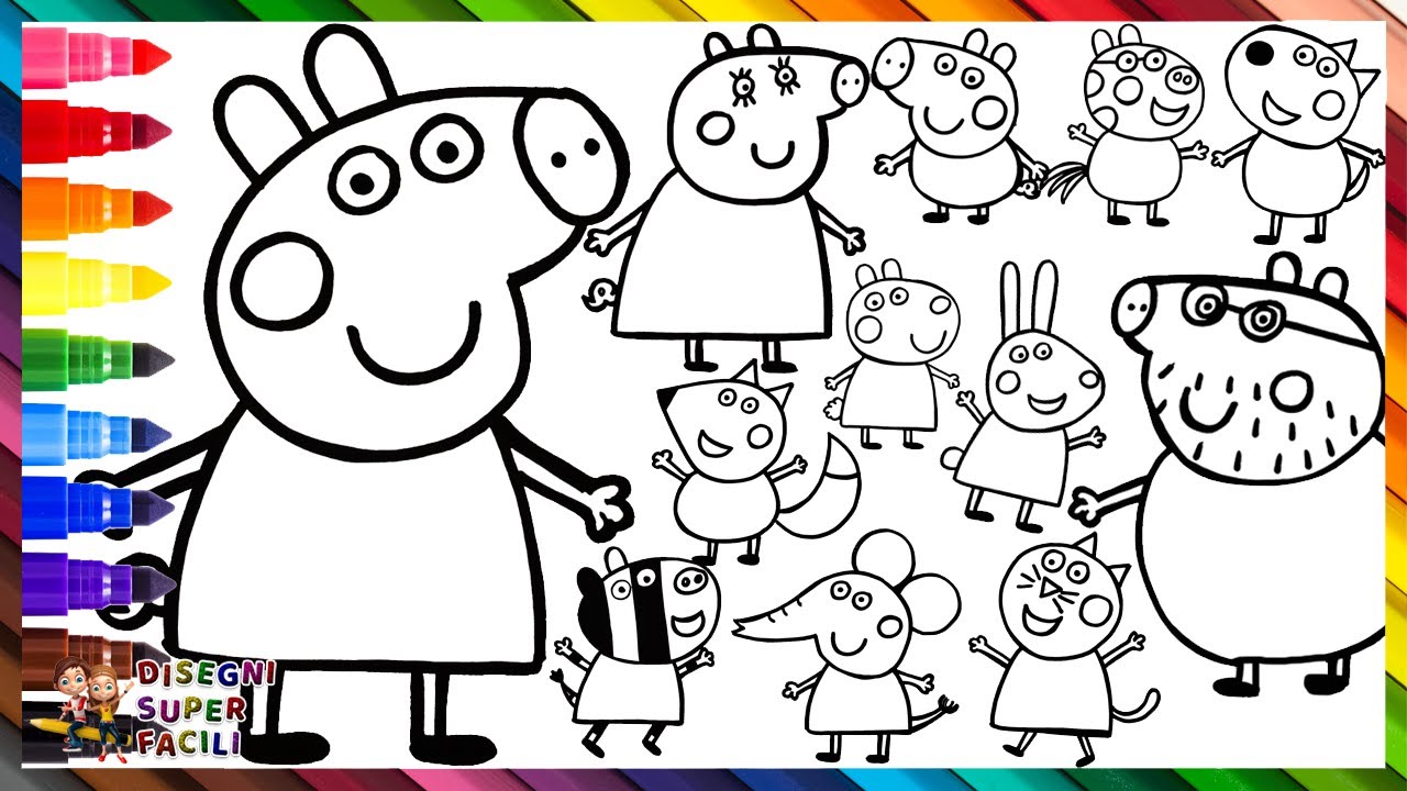 Disegnare e Colorare Peppa Pig, la Sua Famiglia e i Suoi Amici 🐷🐱🐑🐰🐶🐴🦓🦊🐘 Disegni per Bambini