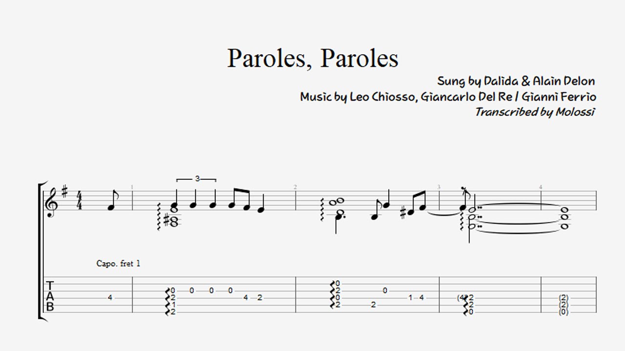 [Guitar Sheet Music]  Paroles, Paroles. Classical & Fingerstyle Guitar Tab (Free PDF)
