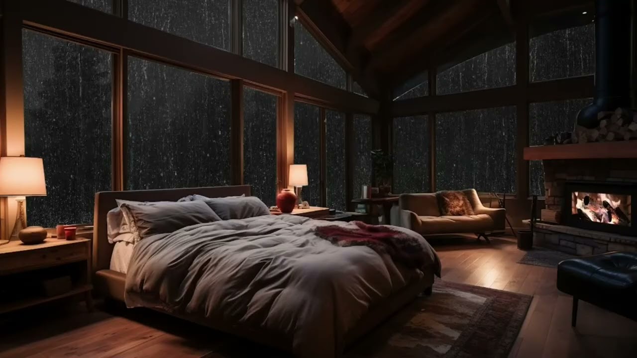 Cozy Cabin Rain 🌧️ Warm Fireplace Ambience for Deep Sleep | Peaceful Sleep