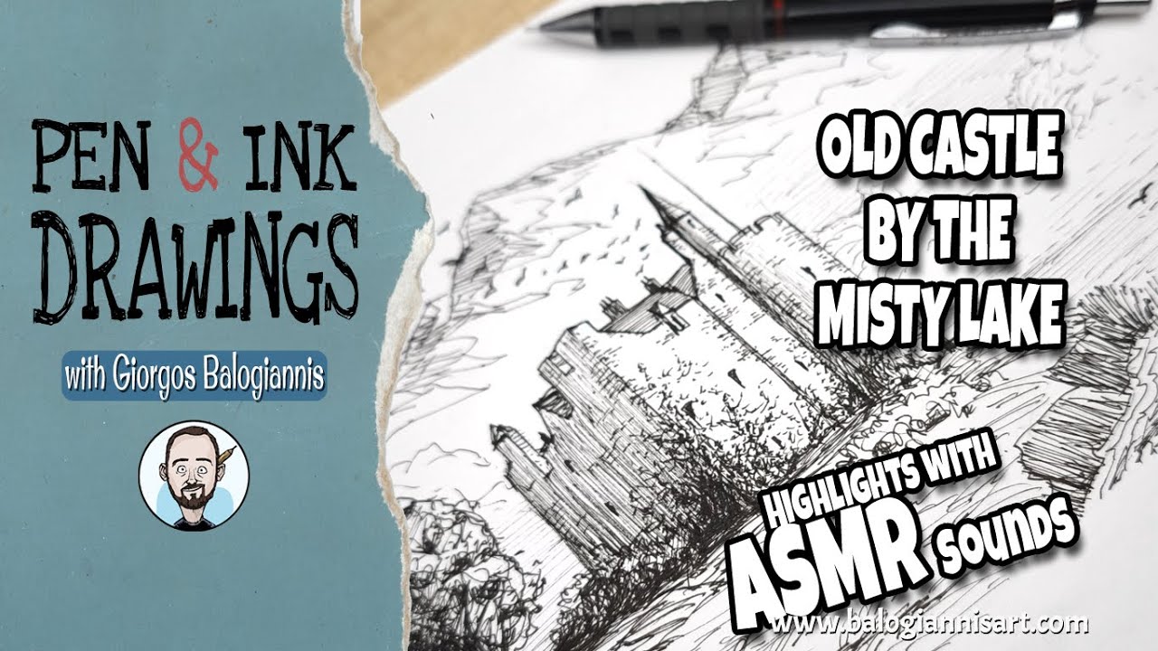 Old Castle by the Misty Lake Ink Drawing – Highlights with ASMR sounds