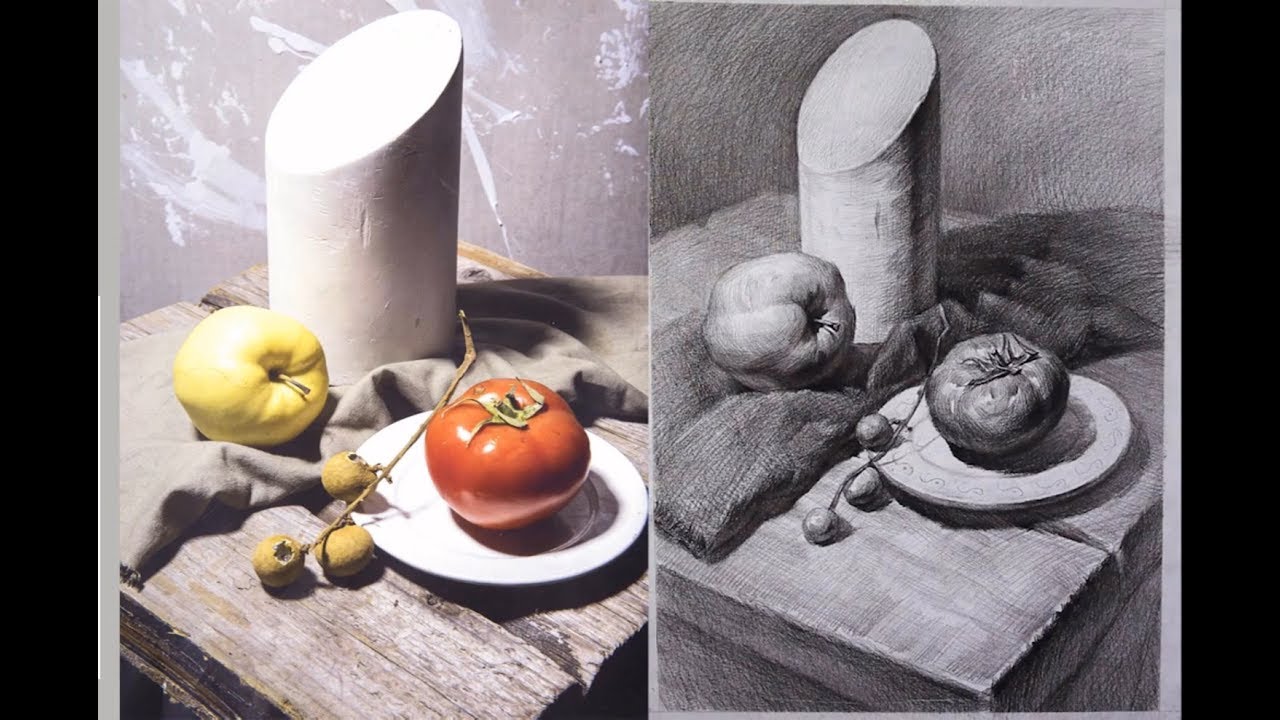 How to draw Still Life with fruit in Pencil