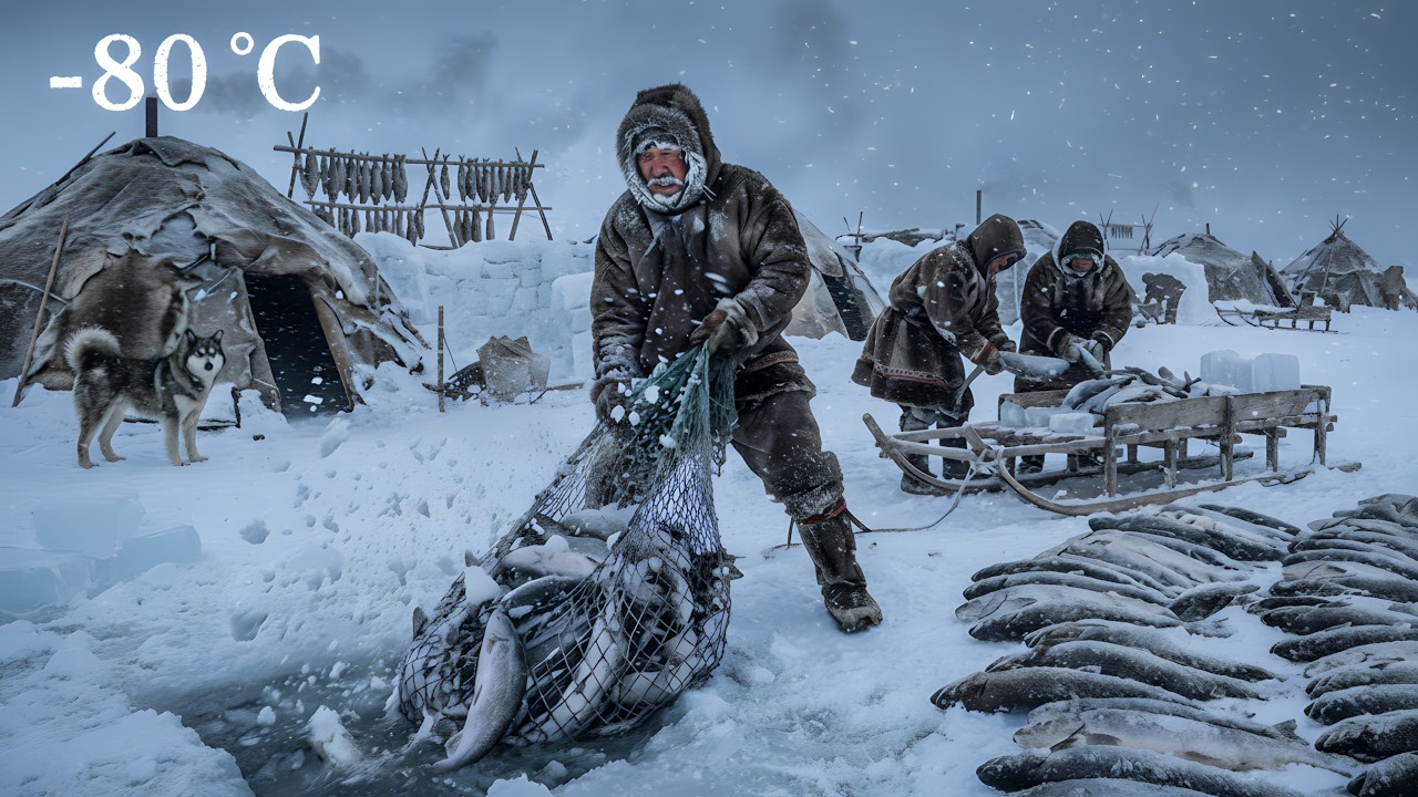 -79°C Yakut Widow on Ice Lake 90, Fishing, Cutting Wood, Fighting Wolves Alone