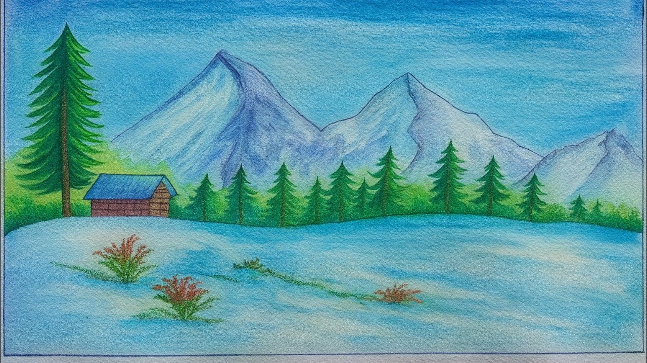 Beautiful mountain scenery drawing |prakritik drishya drawing pencil colour #scenerydrawing 