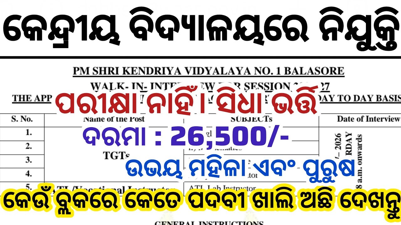Odisha Kendriya Vidyalaya Recruitment 2026 ! Check District Wise Vacancy List ! Govt Jobs