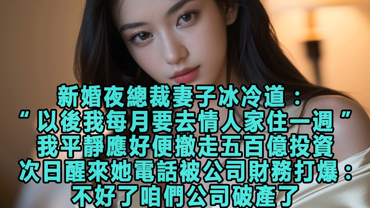 新婚夜總裁妻子冰冷道：“以後我每月要去情人家住一週”，我平靜應好便撤走五百億投資，次日醒來她電話被公司財務打爆:不好了咱們公司破產了#出軌小說 #愛情故事 #白月光 #幸福人生