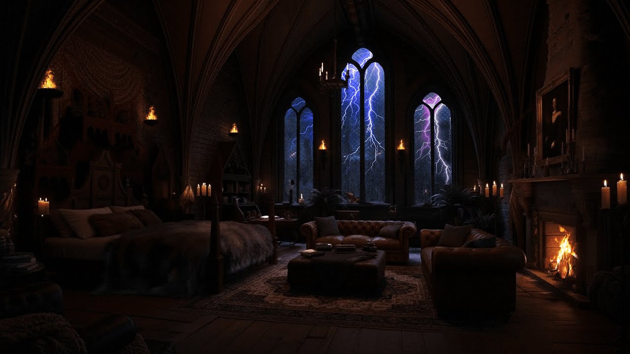 Castle Bedroom Fireplace Ambience 🏰 | Cozy Medieval Chamber with Dark Harp for Sleep & Relaxation
