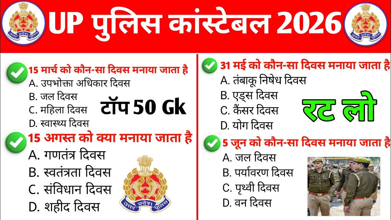 उत्तर प्रदेश पुलिस GK Questions 2026 | Up police gk gs practice set | Up police gk gs marathon