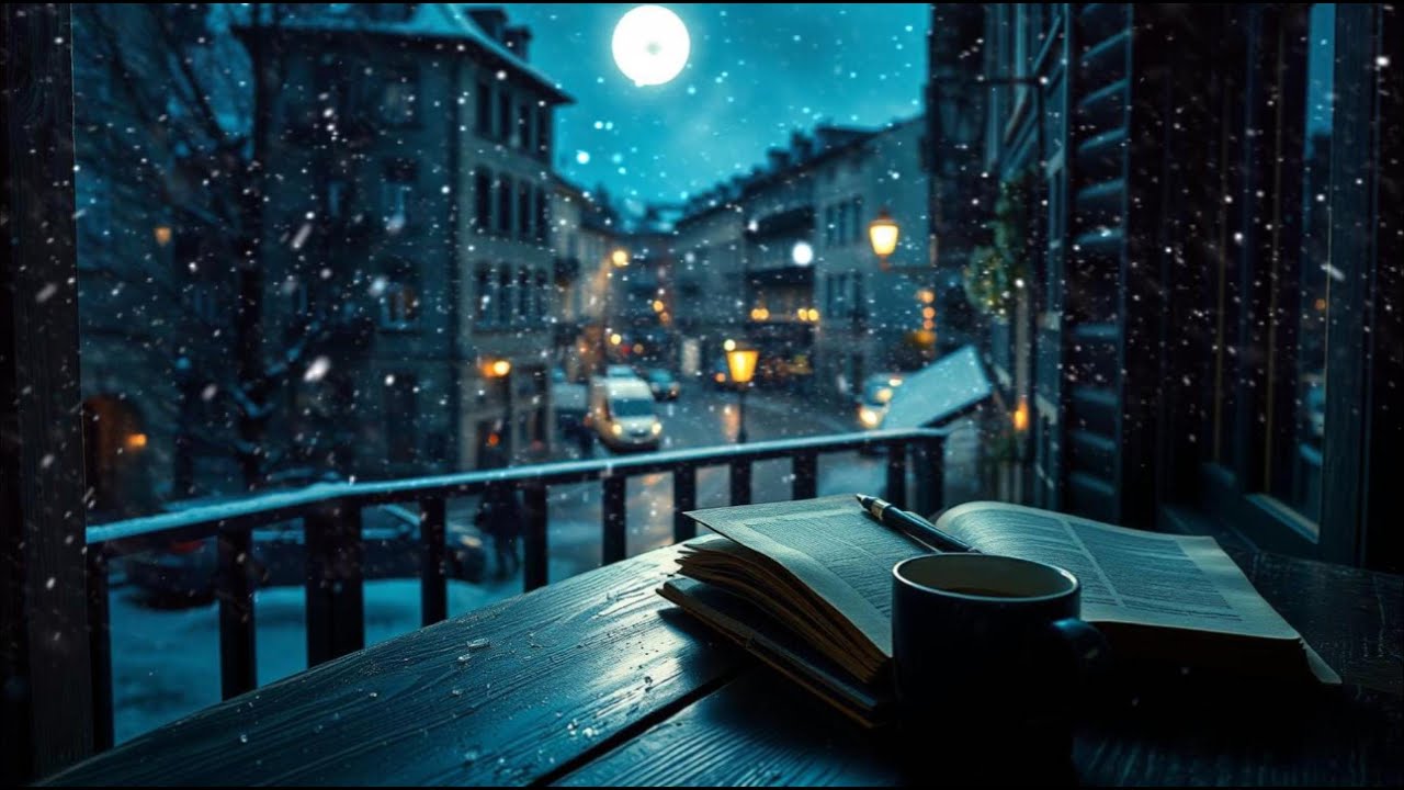 Snowy Night Balcony: Relaxing Winter Ambience with Cello Music