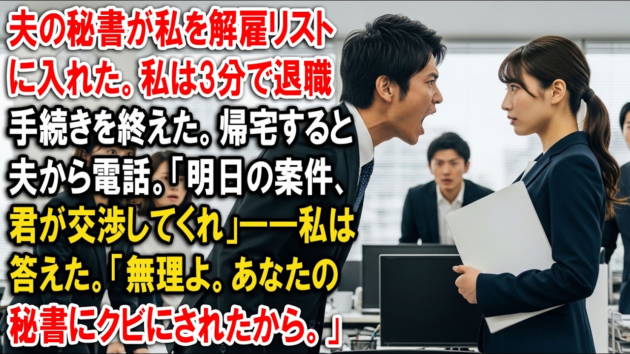 夫の秘書が私を解雇リストに入れた。私は3分で退職手続きを終えた。帰宅すると夫から電話。「明日の案件、君が交渉してくれ」――私は答えた。「無理よ。あなたの秘書にクビにされたから。」