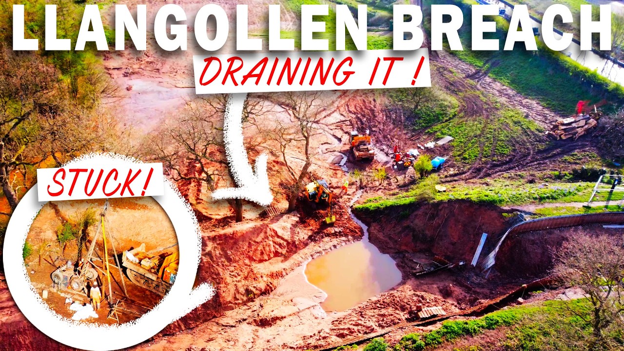 DRAINING THE LLANGOLLEN CANAL BREACH! DRILL GETS STUCK! LATEST UPDATE!