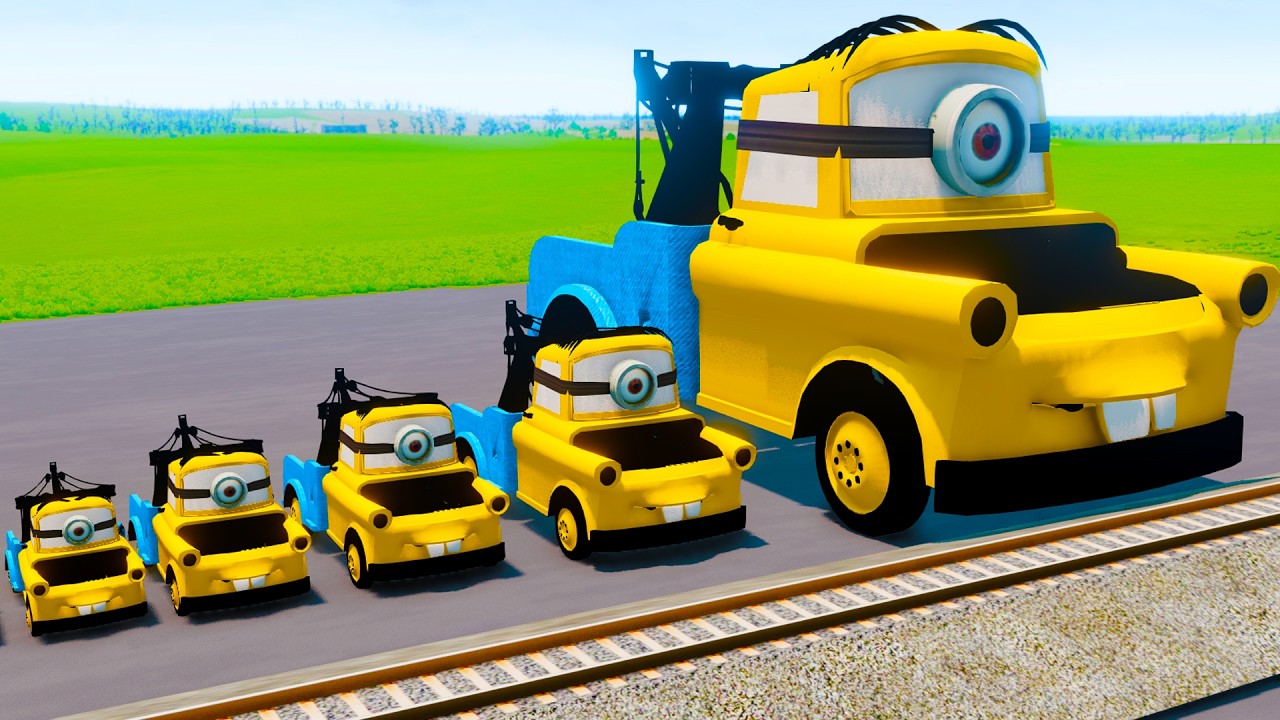 Big & Small Minion Tow Mater With Monster Wheels VS Train | BeamNG.drive