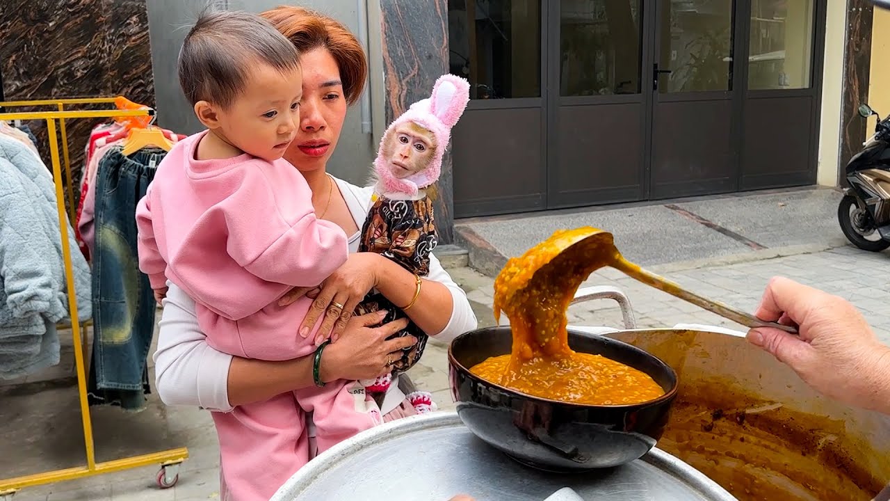 Monkey Kaka and Diem enjoy delicious street food with mom