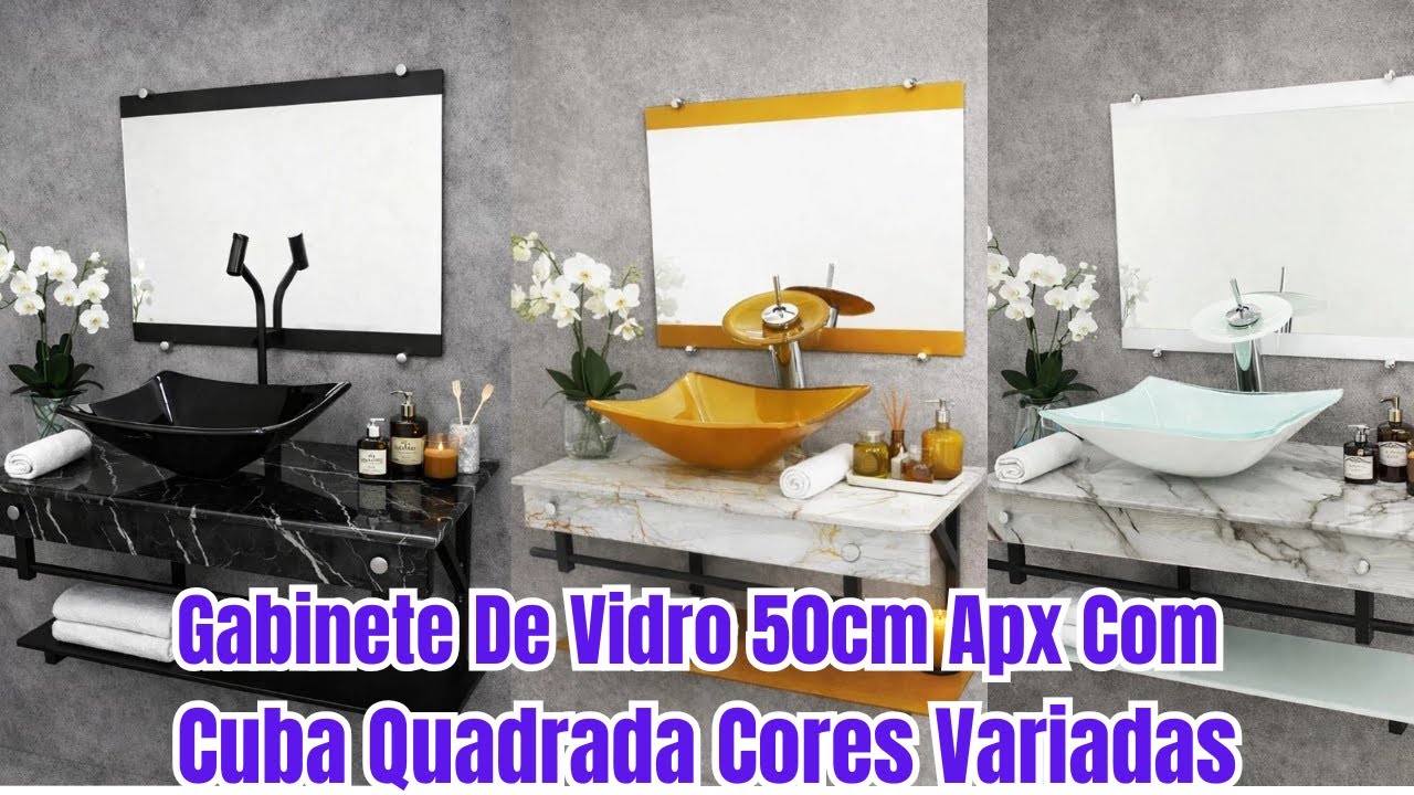 Gabinete De Vidro 50cm Apx Kit Com Cuba Quadrada Cores Variadas Cuba de vidro