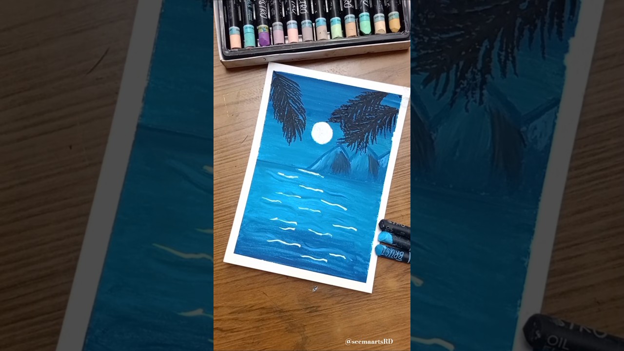 🌙Simple Beautiful Moonlight Sea Scenery Drawing | Oil Pastels Landscape Art Tutorial