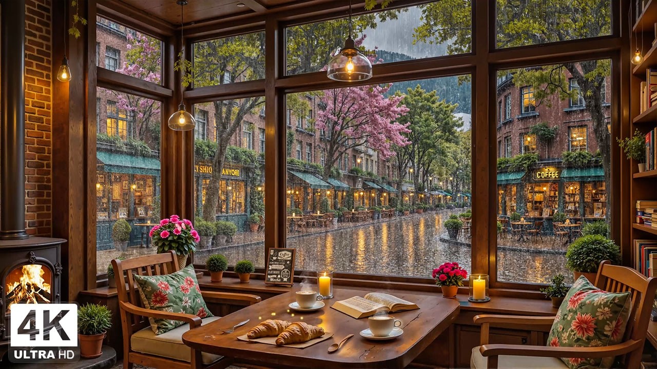 Elegant Coffee Shop in the Spring Rain ☕ Smooth Jazz Piano & Fireplace Sounds for Study and Work