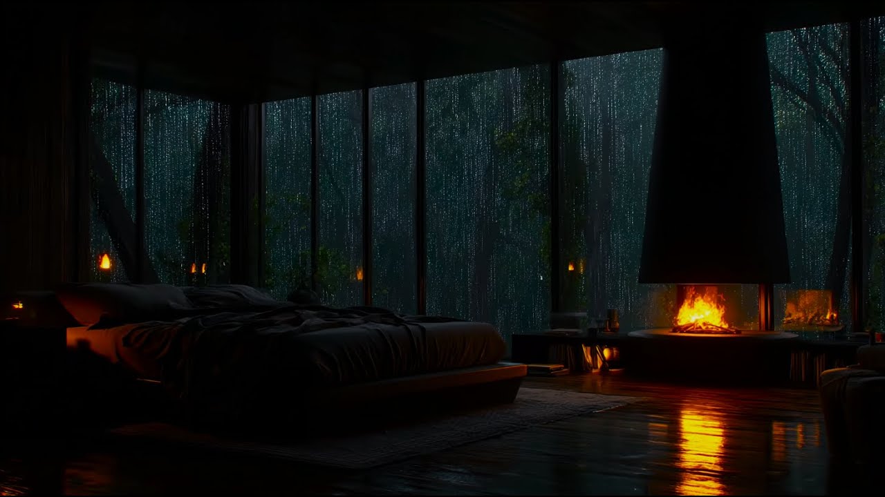 Cozy Rainy Night in a Forest Cabin 🌧️🔥 Ad-Free Fireplace & Gentle Rain Sounds for Deep Sleep