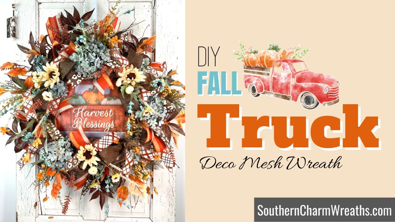 DIY Deco Mesh Fall Truck Wreath for Front Door | How to make Deco Mesh Wreaths with Flowers