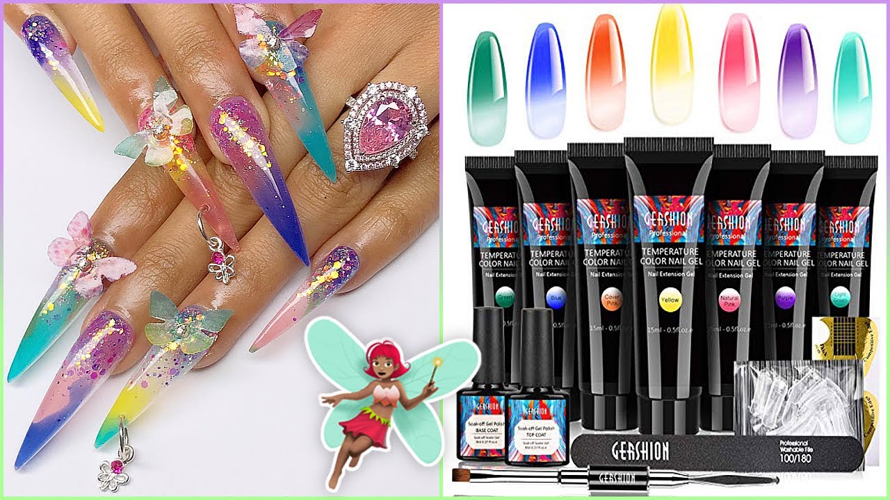 GERSHION New Thermal POLYGEL Kit! XXL 123go Stiletto Nails Piercing Fairy Butterfly ft JEULIA Ring