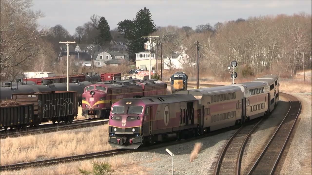 South Coast Rail action in Middleboro, MA - MBTA passes LTEX E9A's - 3/25/2025