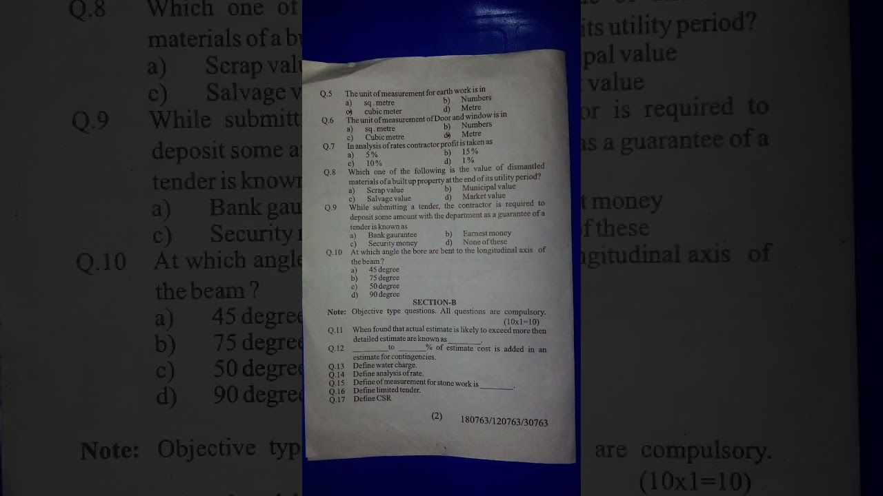 Quantity surveying 6th semester question paper civil engineering diploma exam 2024