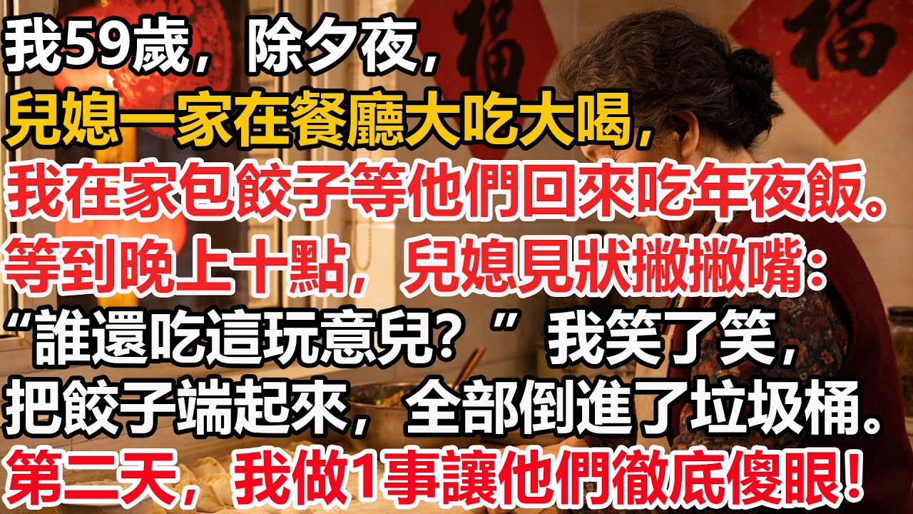 我59歲，除夕夜，兒媳一家在餐廳大吃大喝，我在家包餃子等他們回來吃年夜飯。等到晚上十點，兒媳見狀撇撇嘴：“誰還吃這玩意兒？”我笑了笑，把餃子端起來，全部倒進了垃圾桶。第二天，我做1事讓他們徹底傻眼！