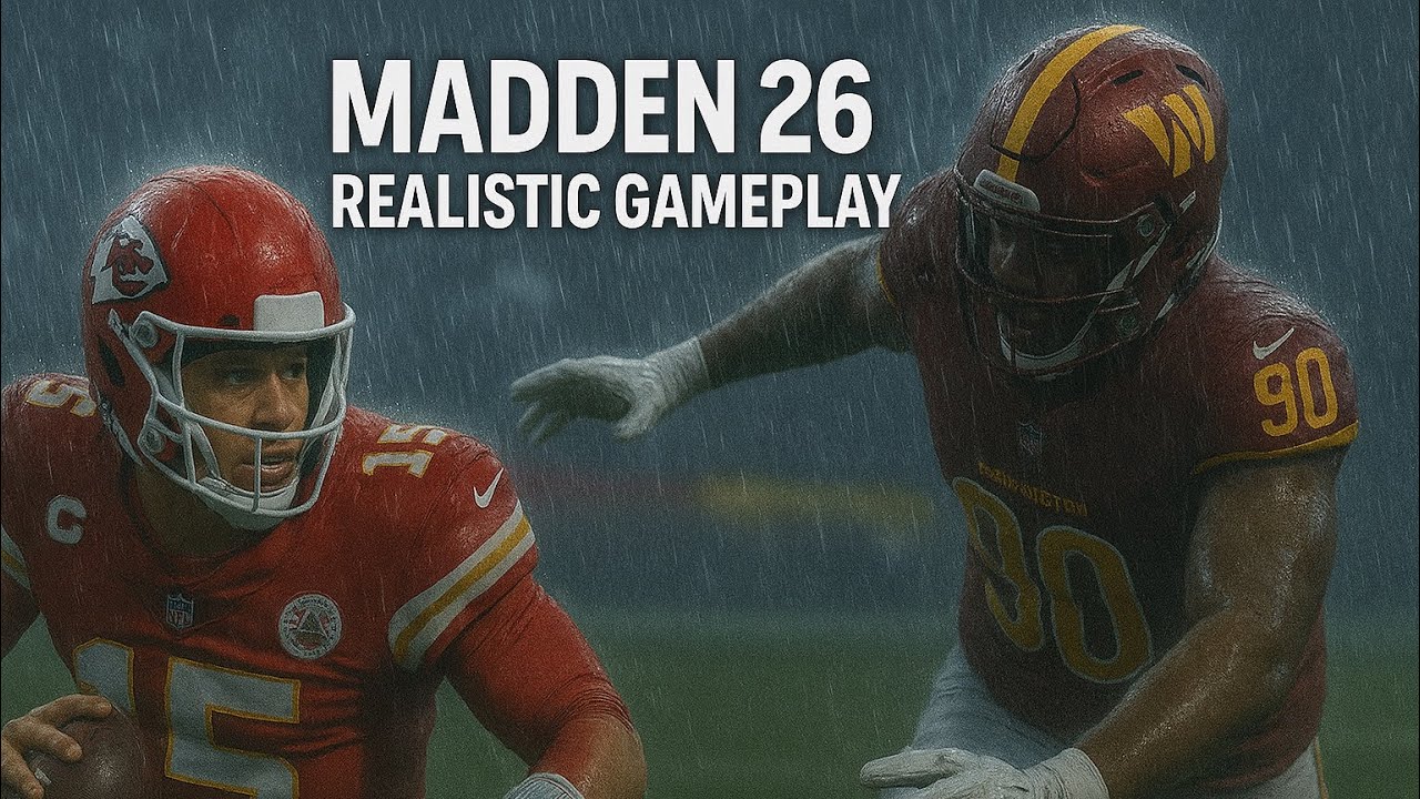Madden 26 Realistic Gameplay &ndash; Chiefs vs Commanders in Heavy Rain Showdown