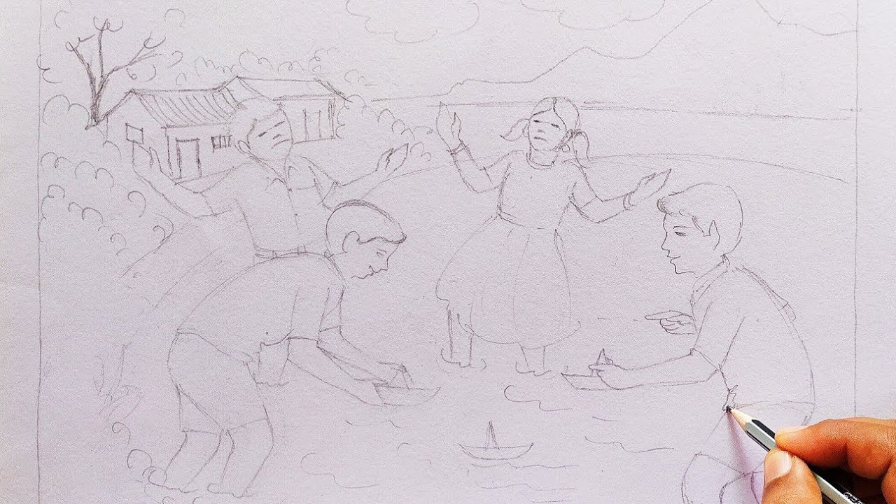 स्मरणचित्र पावसात खेळणारी मुले चित्रकला परीक्षांसाठी भाग-41 easy memory drawing sketch
