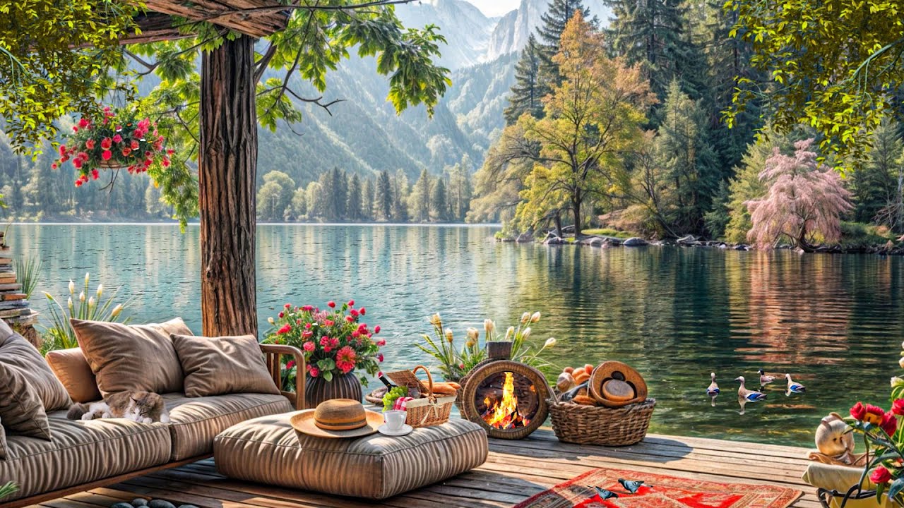 4k Spring Morning Cabin by the Lake, Fireplace, Birdsong, Morning Sunshine Helps Relax...