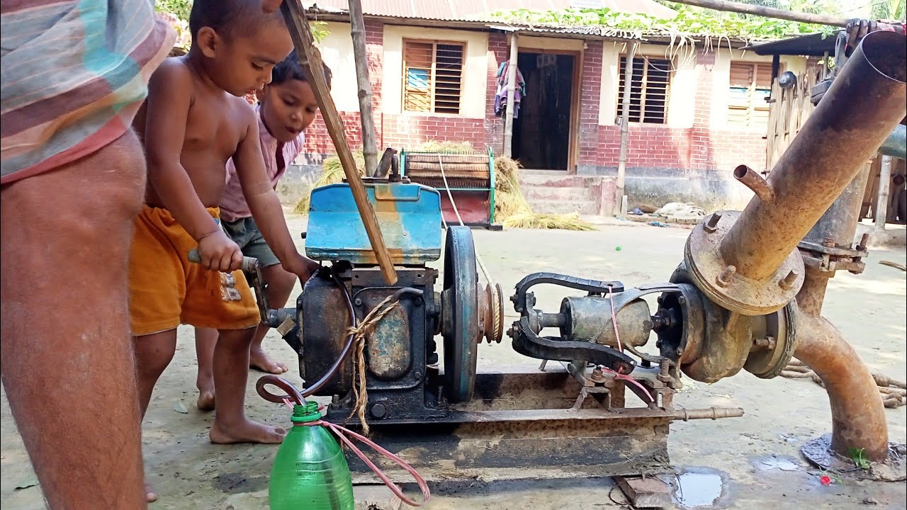 The complete process of paddy growing by starting the diesel engine of the little boy #machine_start