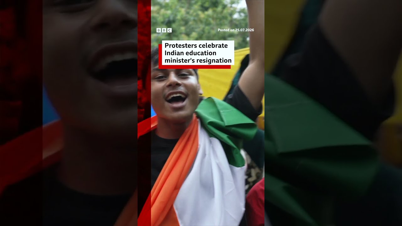 Protesters celebrate Indian education minister's resignation. #BBCNews