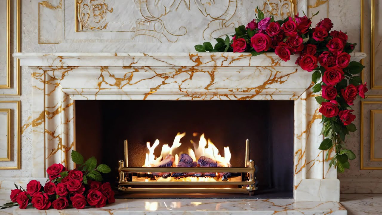 🔥 2 Hour Fireplace | White Carrara Marble, Gold Veining, Victorian Aesthetics, and roses 🌹