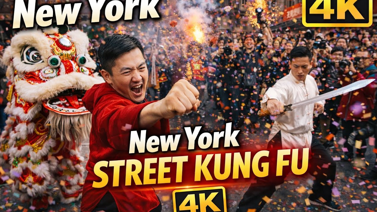 NYC Street Kung Fu Show 🇺🇸 Lion Dance, Firecrackers & Massive Crowd in Chinatown 4K
