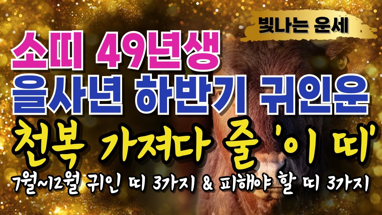 49년생 소띠 2025년 운세 하반기 귀인운🎊'이 띠' 3가지 천을귀인입니다 상극인 띠 '3가지' 기축년 49년생 운세 기축생 소띠🤗말년운 1949년생 재물운 을사년 하반기