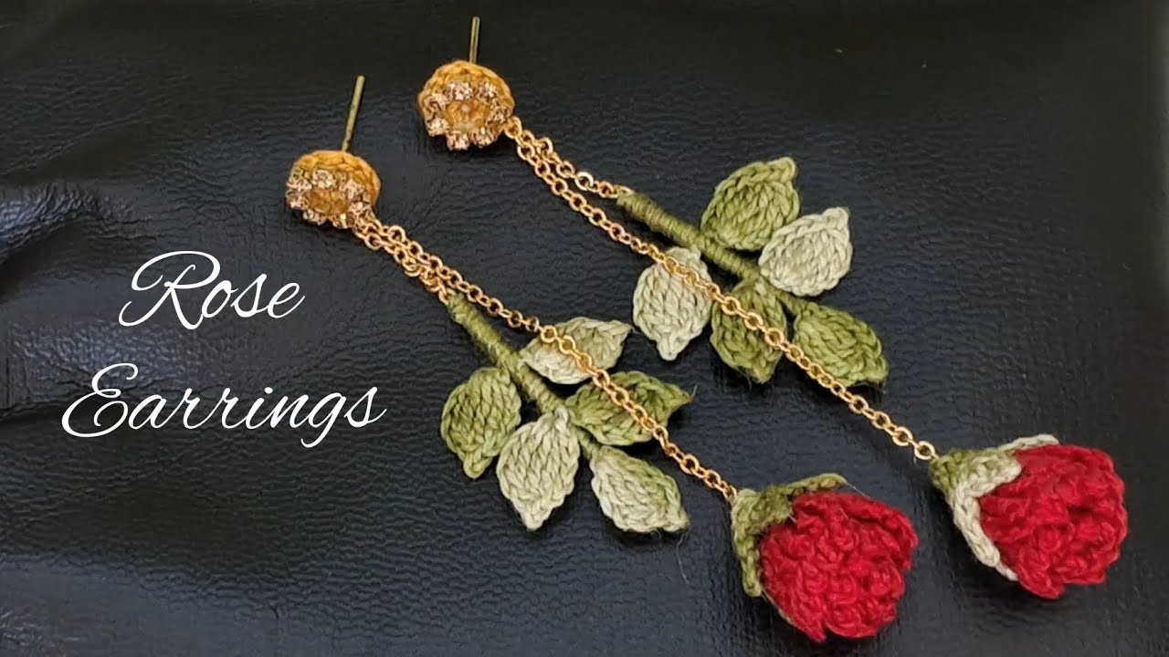 HOW TO MAKE CROCHET EARRINGS | ROSE EARRINGS | CROCHET ROSE  WITH LEAF