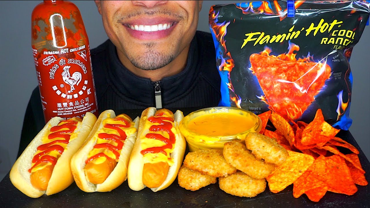ASMR CHEESY HOT DOGS FLAMIN HOT DORITOS CHICKEN NUGGETS CHEESE SAUCE MUKBANG BIG BITES JERRY