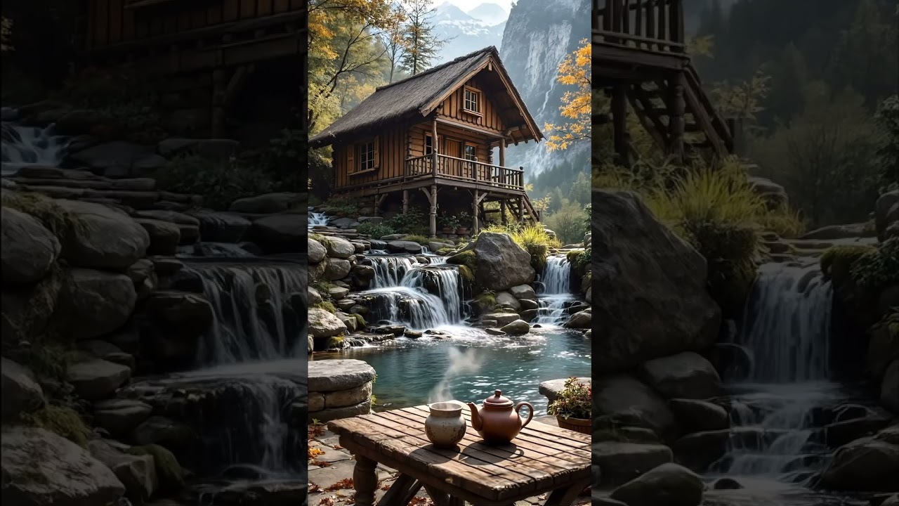 “Peaceful Morning Tea by the Waterfall 🍃🍵”
