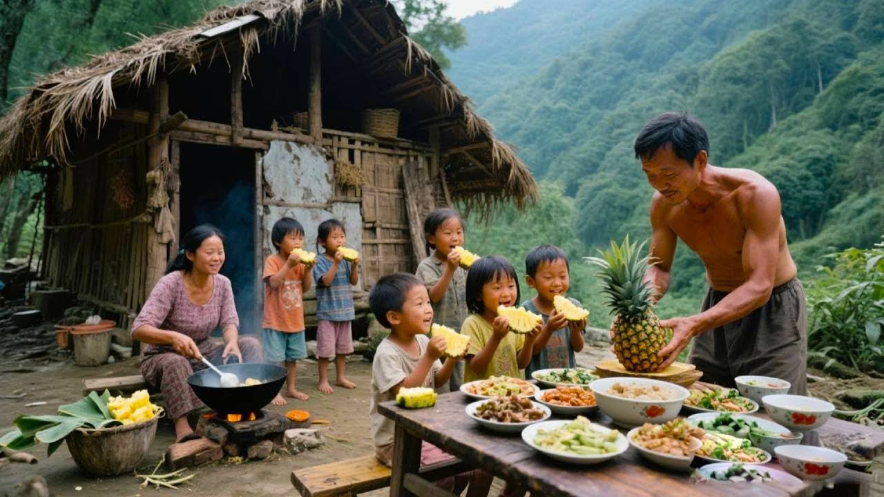 【一家七口隐居深山】今天丑爸爸给孩子们买菠萝，孩子们可高兴了，围着一起吃！#农村生活#亲子