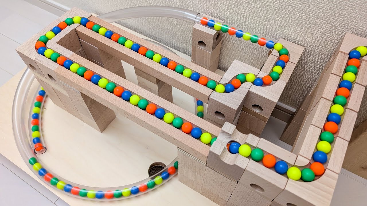 マーブルランレース☆透明ホース＋キュボロ＋扇風機の羽根＋ししおどしトレイ＋HABA