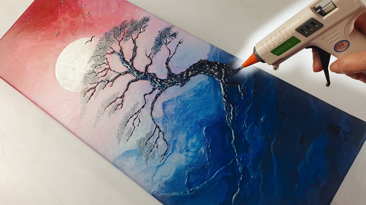 JAPANESE STYLE Glue Gun Art- Blood Moon 🌙 Acrylic Pouring! | AB Creative Tutorial