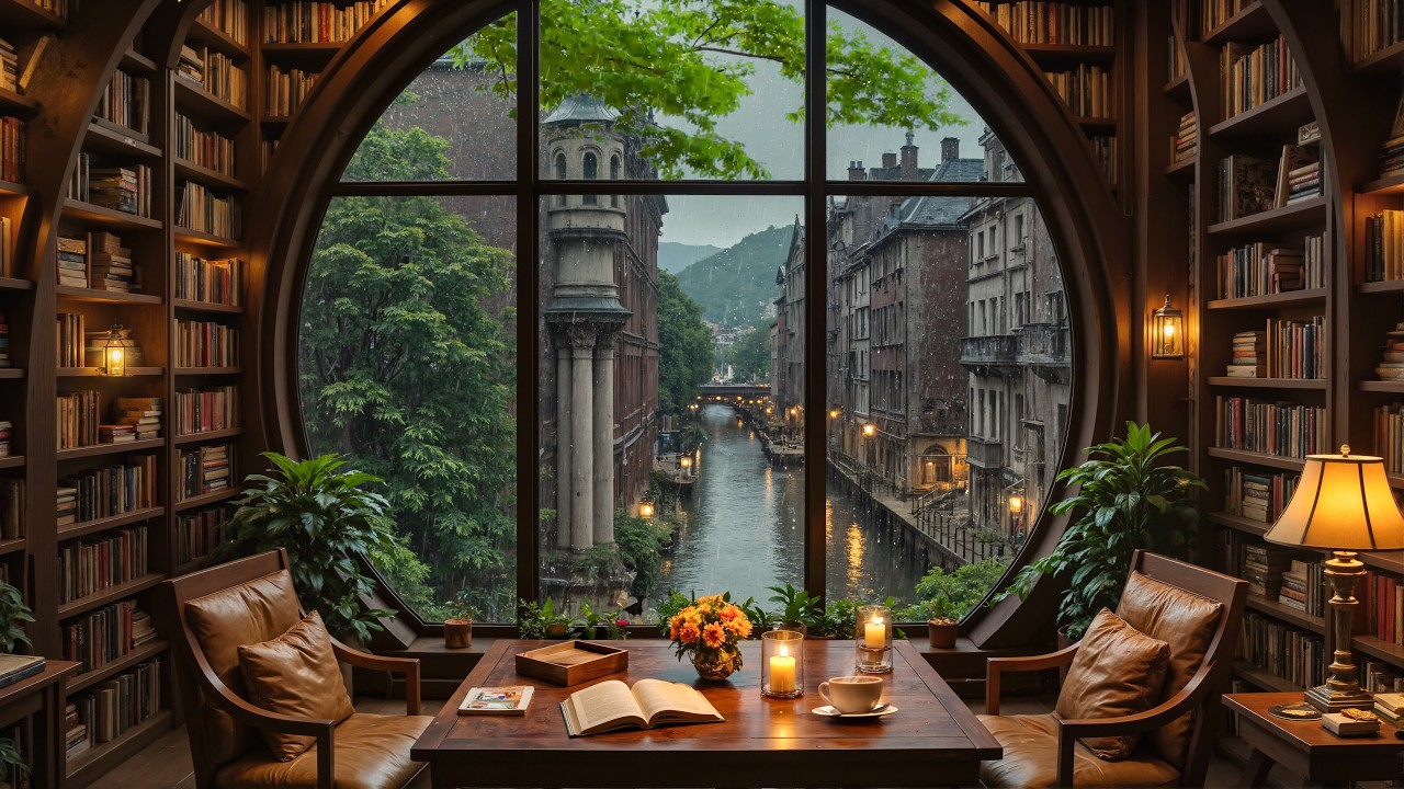 Smooth Jazz in a Quiet Reading Room with Rainy European Canal View 🌧️