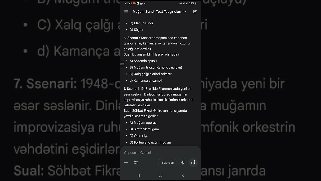 Muğam sənəti. Stiuasiyalı testlər