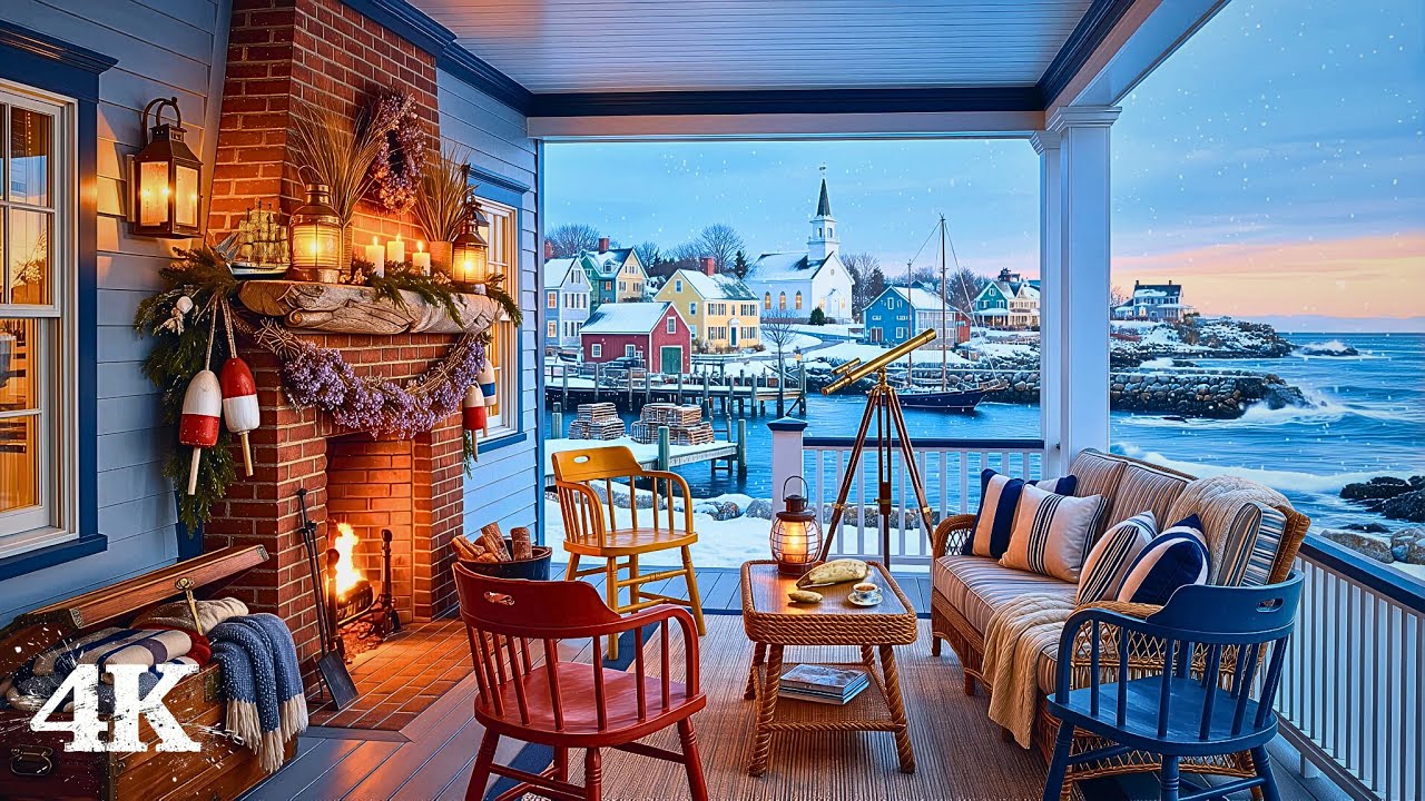 Dreamy Winter Coastal Porch | Melt away every ounce of stress with Fireplace, Waves & Falling Snow