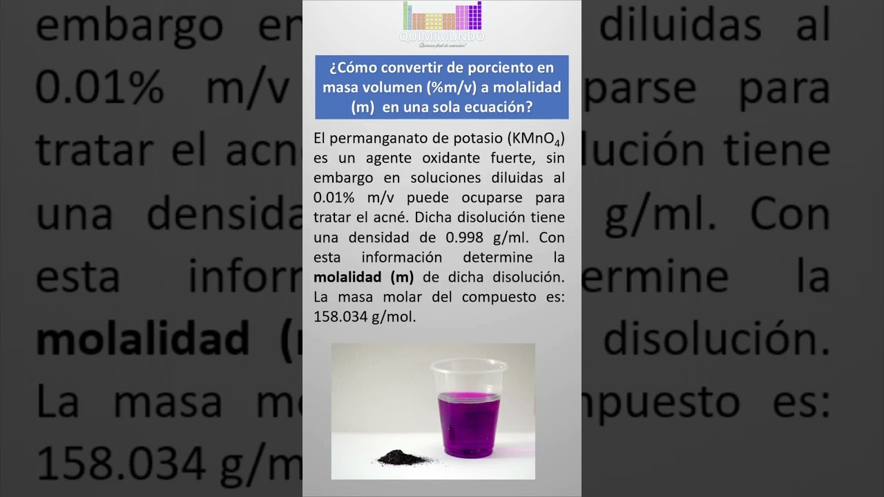 Convierte de porciento masa/volumen (%m/v) a molalidad (m) con una sola ecuación. Ejemplo 1 