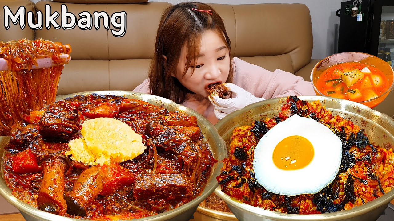 Sub)Real Mukbang 🔥Острые тушеные ребрышки 🍖 Лапша, жареный рис 🥘 АСМР КОРЕЙСКАЯ ЕДА
