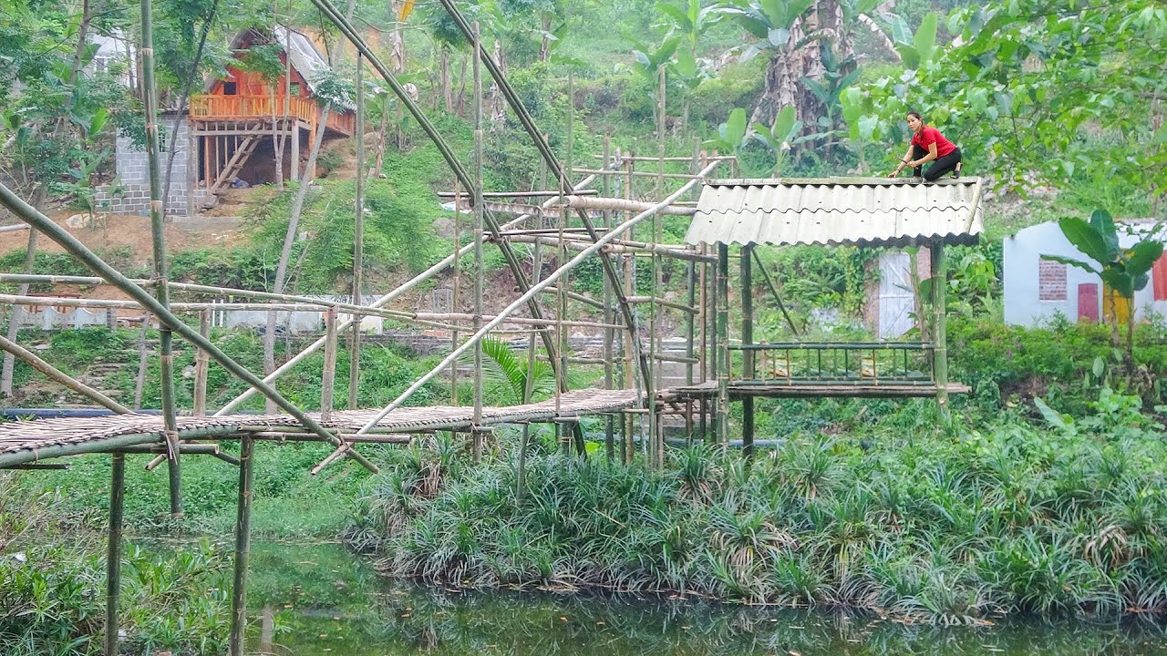Building Cabin Next To Sturdy 100 Meter Bamboo Bridge Across The Stream | Ut Farm