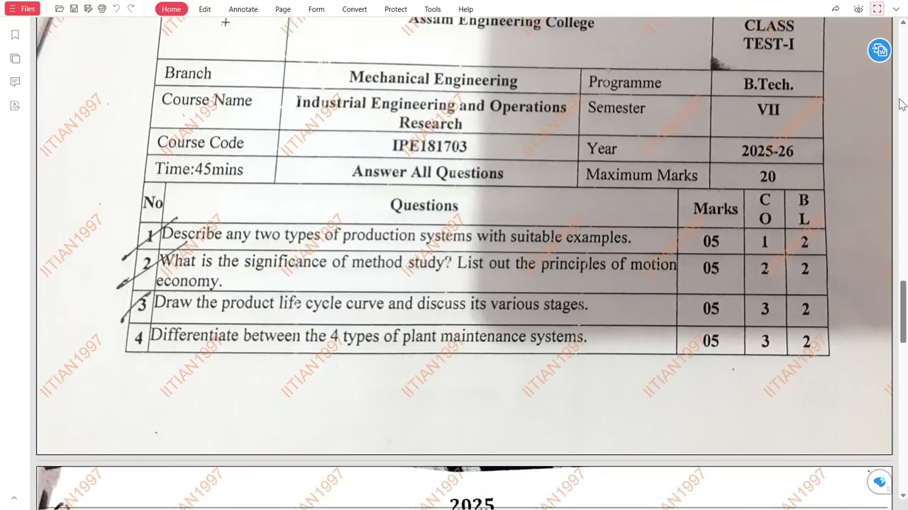 INDUSTRIAL ENGINEERING & OPERATIONS RESEARCH | END SEMESTER EXAMINATION | 2025