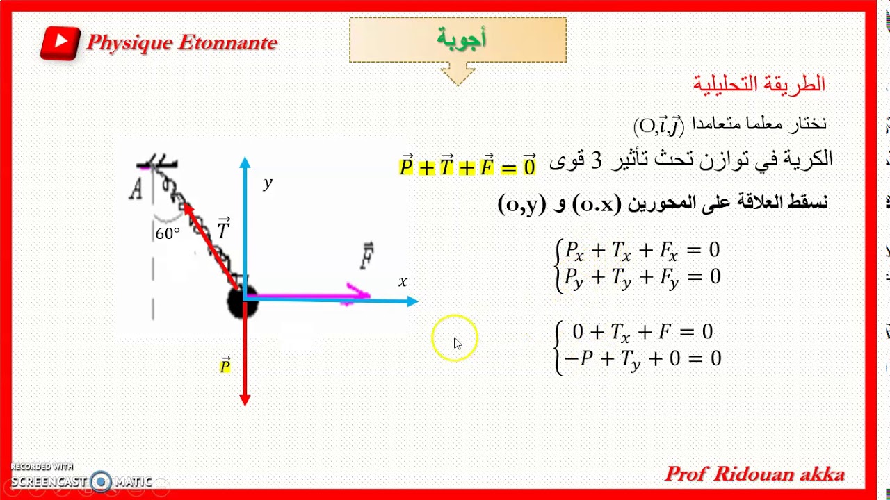 توازن جسم صلب خاضع لثلاث قوى :الطريقة التحليلية الإسقاطات:تمرين