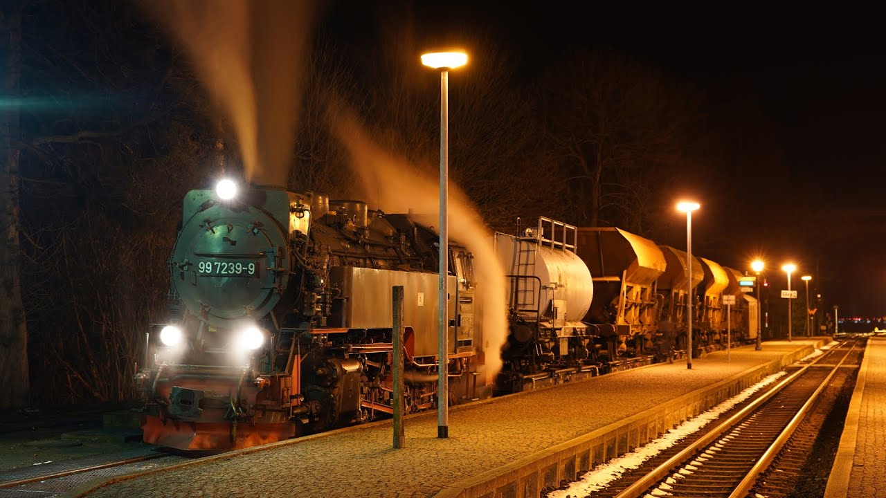 mit Rollwagen durch die Nacht - Dampf-Güterzug im Harz (4K)