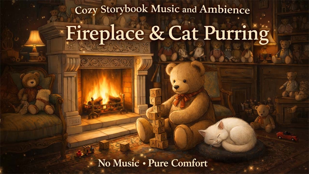 Cat Purring by the Fireplace 🔥 No Music | Cozy Night Ambience for Relaxing Deep Sleep | 1h 40m